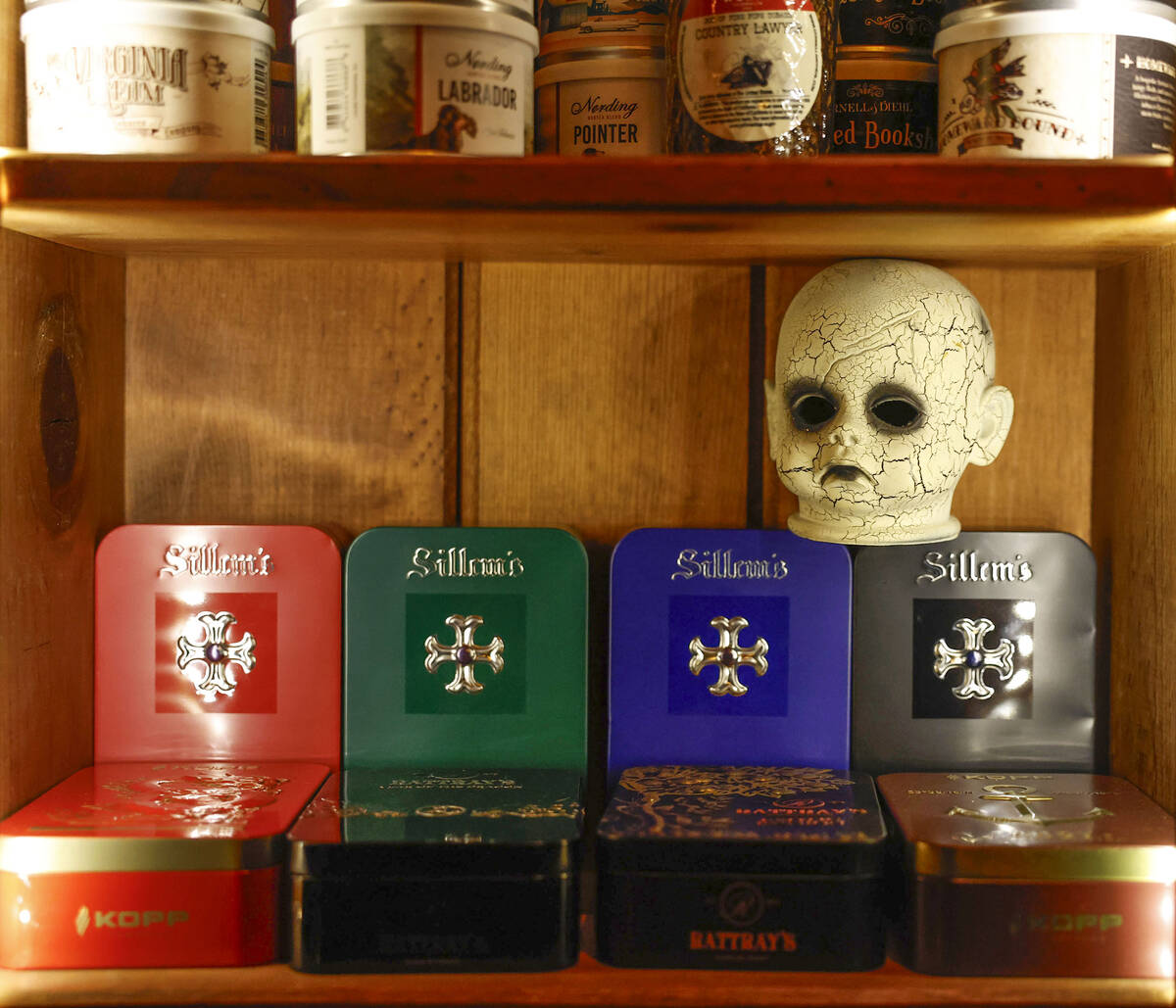 Tins of Sillem’s pipe tobacco are photographed in The Dark Arts room at Grey Witch Tuesd ...