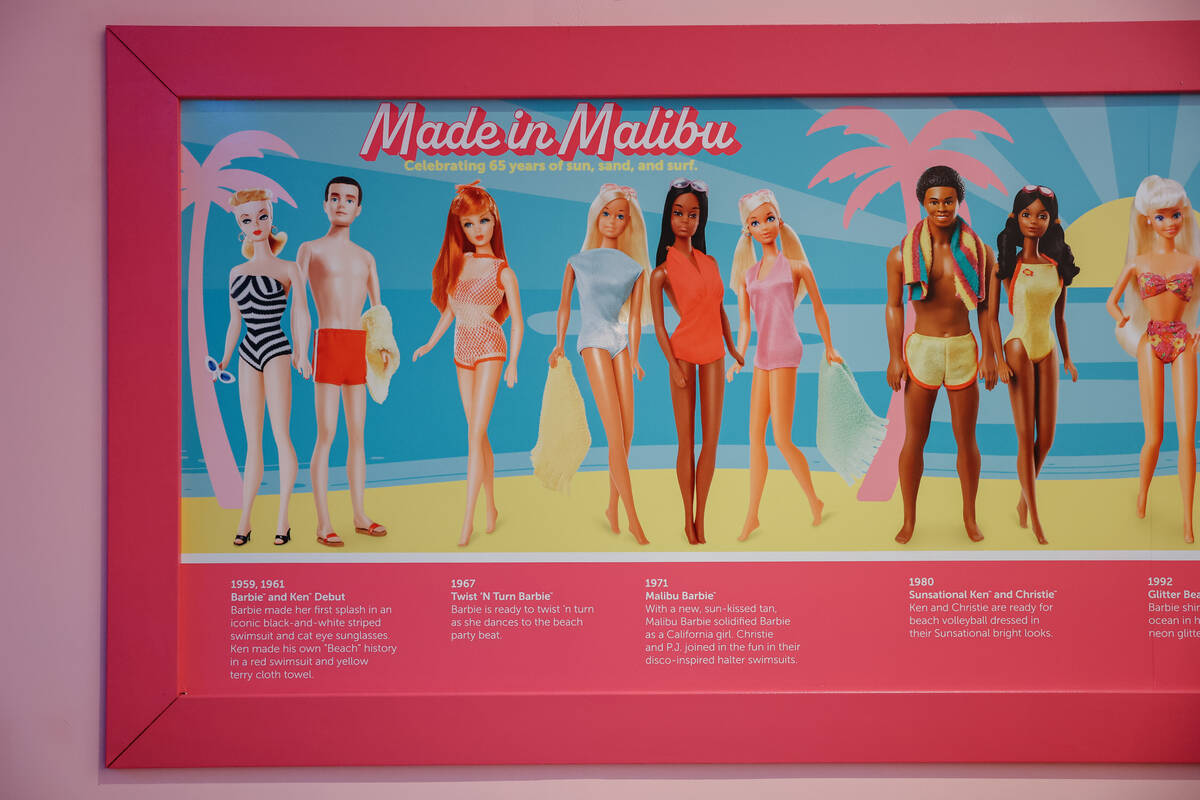 A poster timeline covers the history of the beach-themed Barbie doll during a media preview of ...
