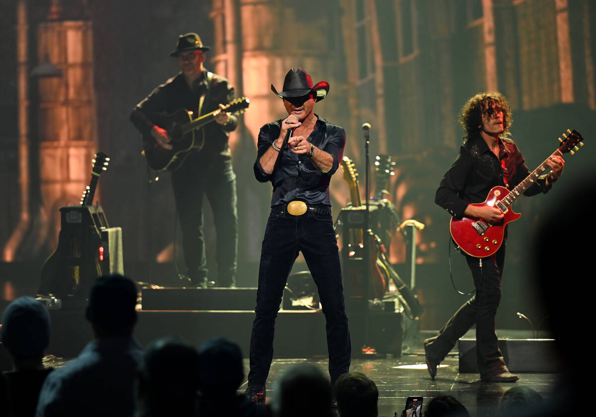 Tim McGraw is shown in his opener at the Colosseum at Caesars Palace on Thursday, Dec. 4, 2025. ...