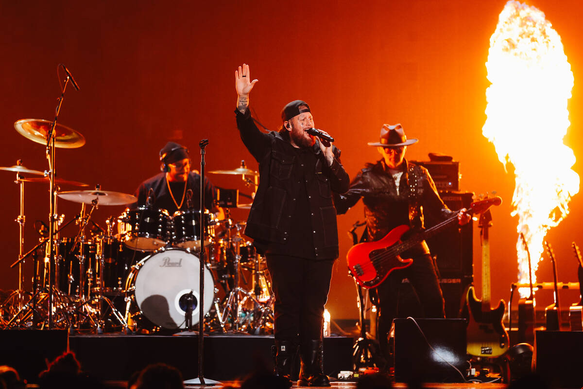 Jelly Roll performs during night one of the iHeartRadio Music Festival at T-Mobile Arena Friday ...