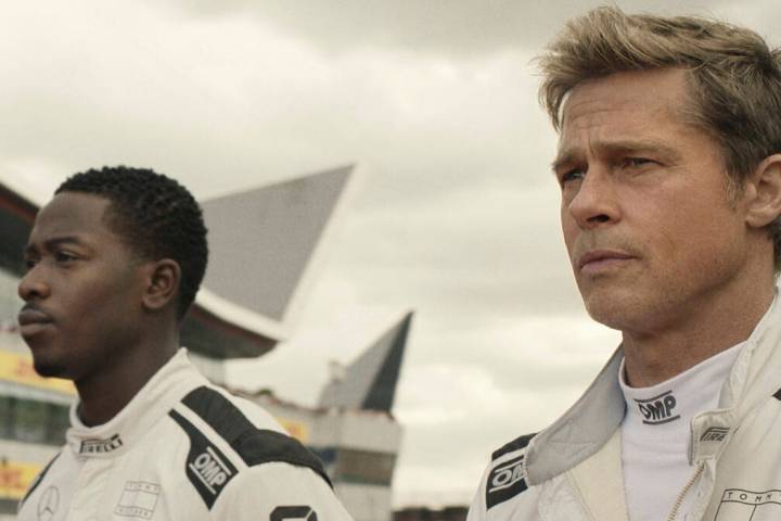 This image released by Apple TV+ shows Damson Idris as Joshua Pearce, left, and Brad Pitt as So ...