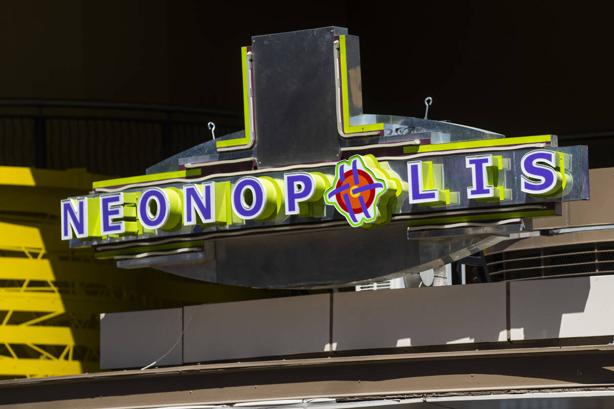 Signage for Neonopolis is seen at the Fremont Street Experience on Monday, Aug. 18, 2025, in do ...