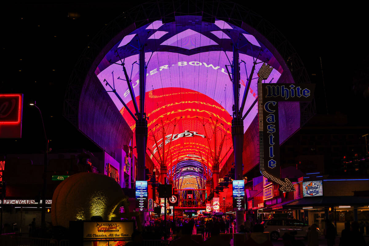 Fremont Street Experience displays imagery for Super Bowl LVIII in Downtown Las Vegas, Sunday, ...
