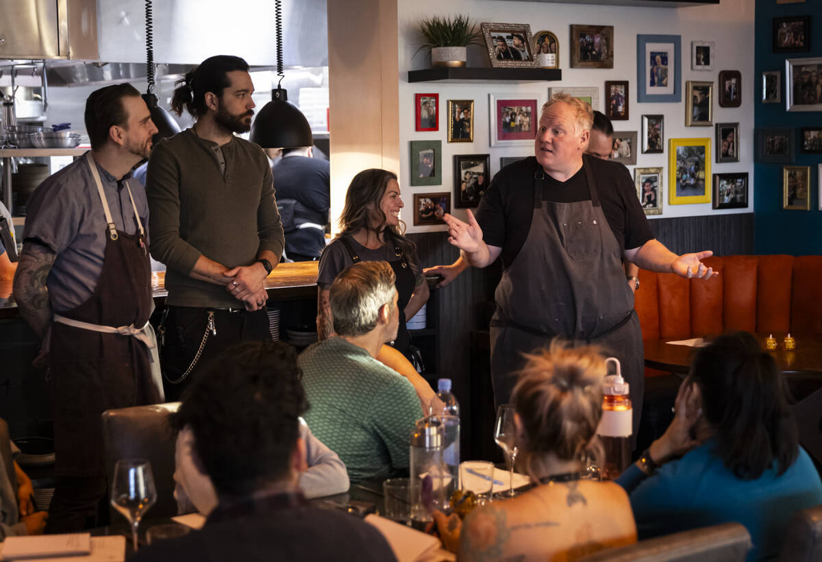 Chef/partner James Trees, right, speaks at the start of a staff menu tasting at Ada’s&#x ...