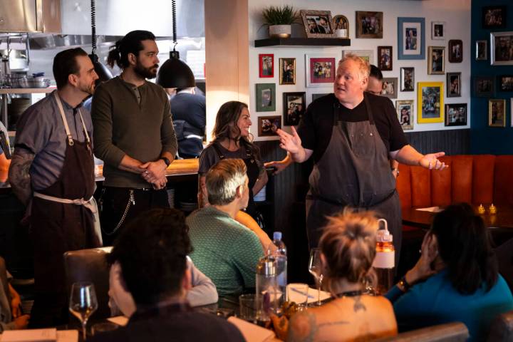 Chef/partner James Trees, right, speaks at the start of a staff menu tasting at Ada’s&#x ...