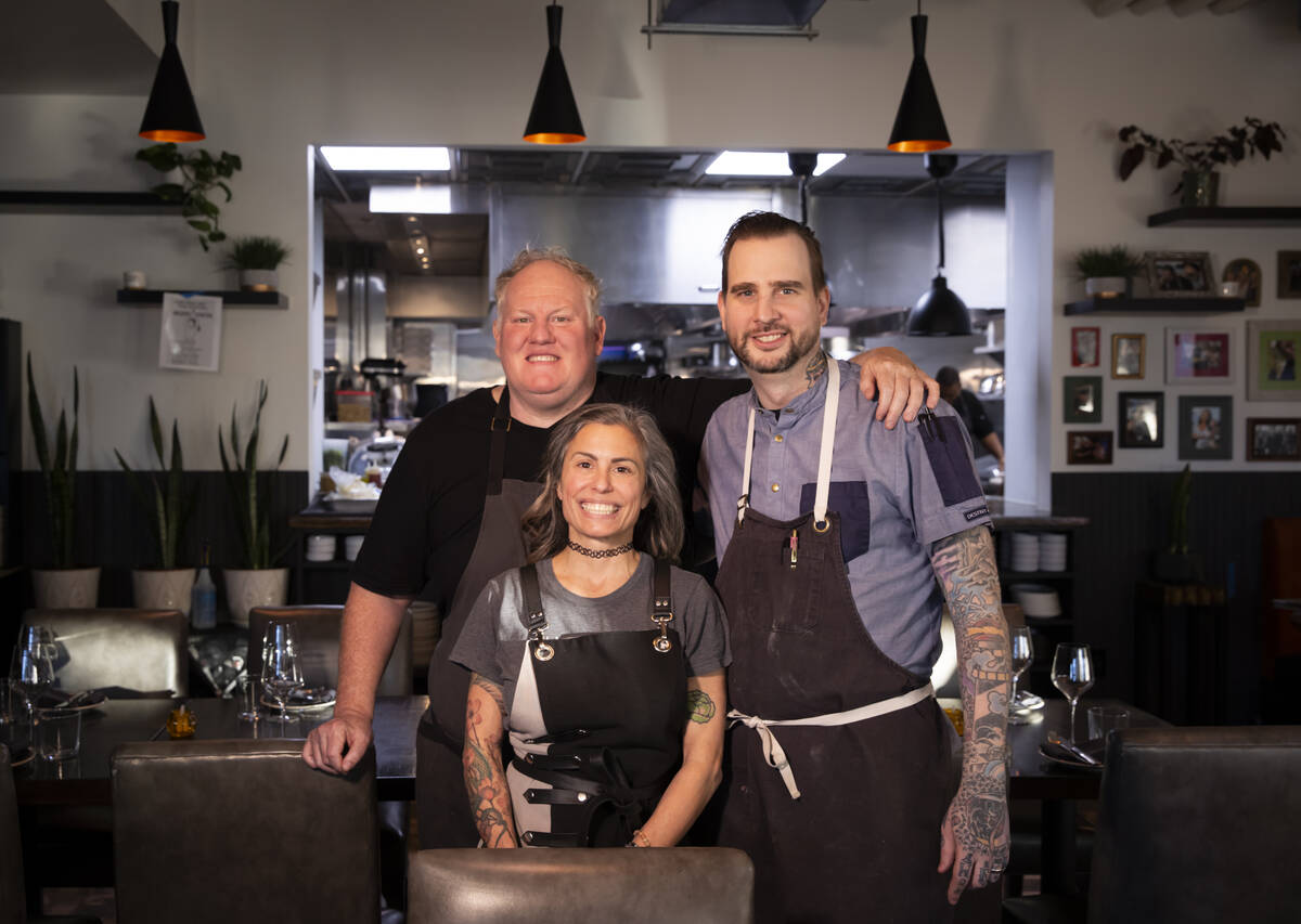 Chef-partner James Trees, from left, general manager and “wine goddess” Kat Thomas, and che ...
