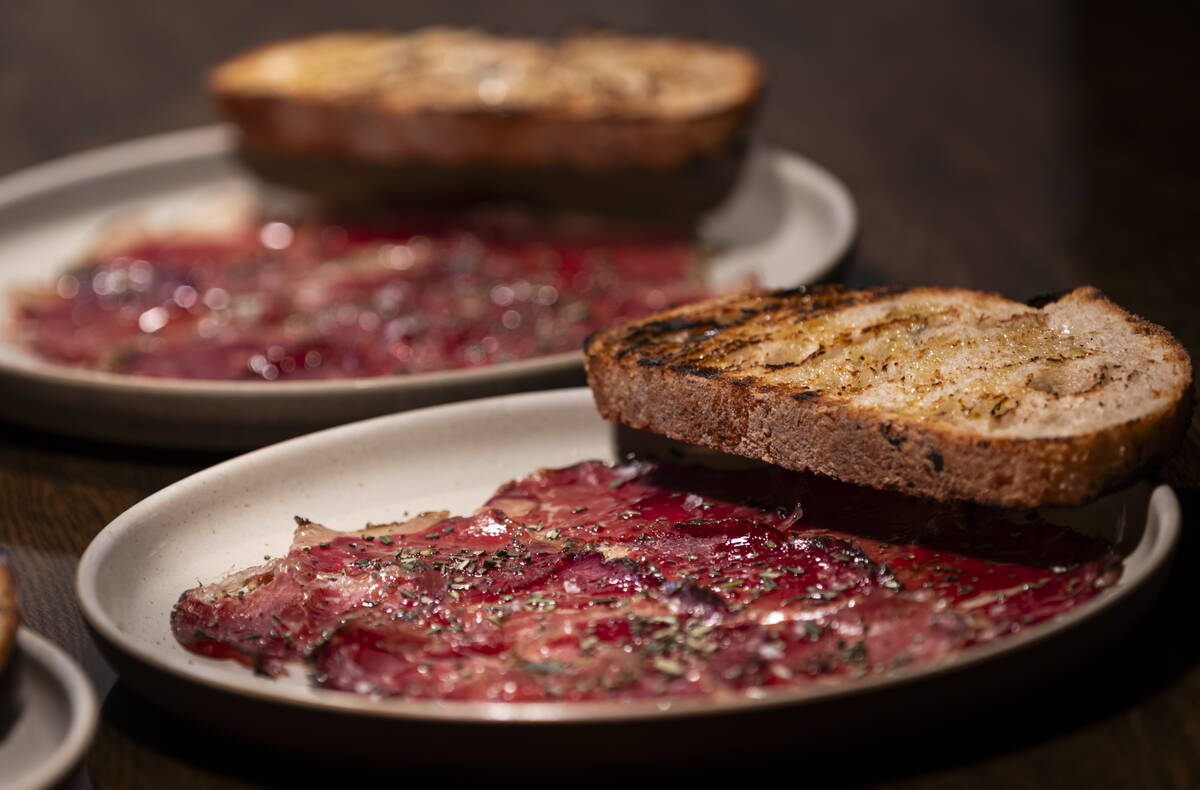 Cured wagyu beef with aged beef fat is seen during a staff menu tasting at Ada’s on ...