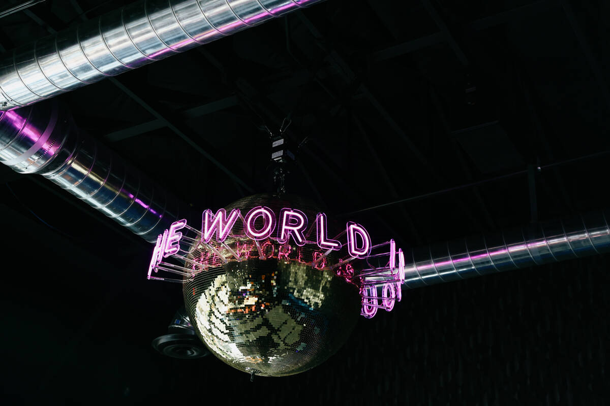 A disco ball hangs over the private powder room at St. Felix Sin City on Thursday, Dec. 11, 202 ...