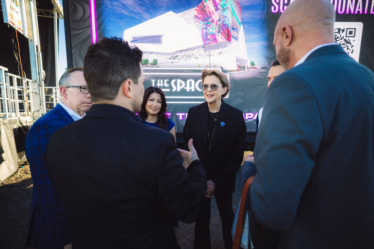Mark Shunock and Annette Bening chat at the site of The Space 2.0 on Monday, Feb. 24, 2025, in ...
