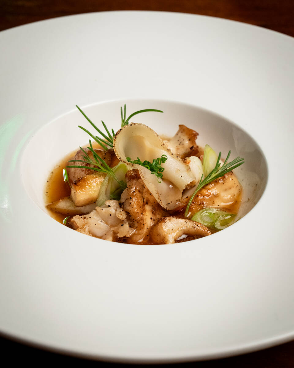 Oregon maitake mushrooms, sukiyaki consommé and Ibérico lardo from Anima Cocina Fina in China ...