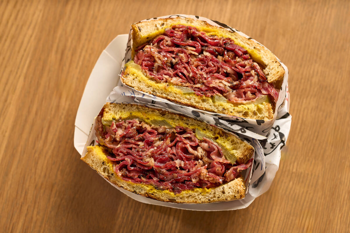 A pastrami sandwich from Irv's Burgers planned to open in spring 2026 in the food court of Red ...
