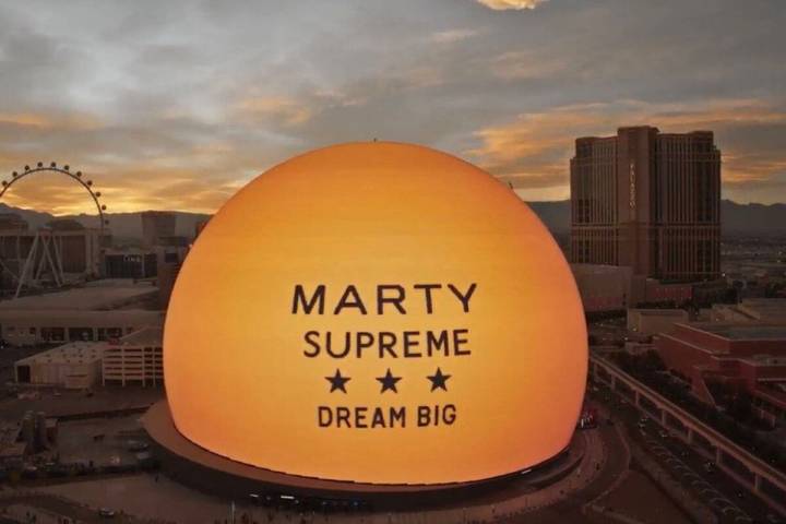 Sphere is shown with the promo image of "Marty Supreme," duo in theaters on Christmas Day. (Sph ...
