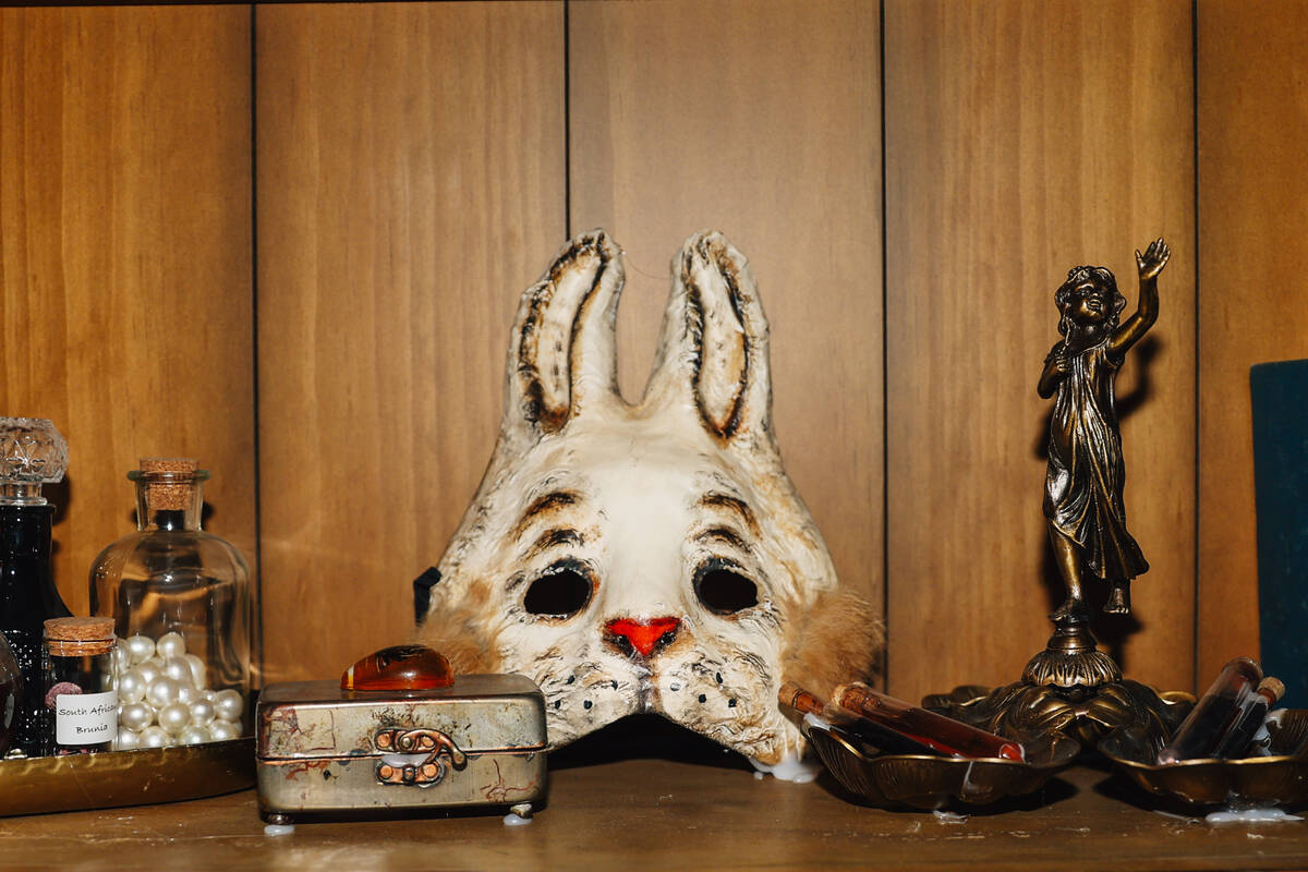 A mask is seen at Oddyssey Noir at Area15 Saturday, Dec. 13, 2025, in Las Vegas. (Madeline Cart ...