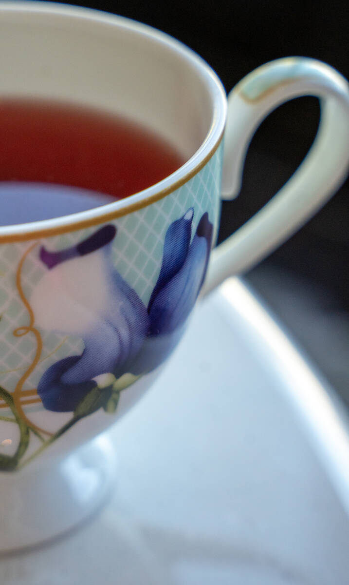 The pink-hued Blush & Bloom tea, a blend of beetroot, lemongrass, hibiscus, and dragon fruit, i ...