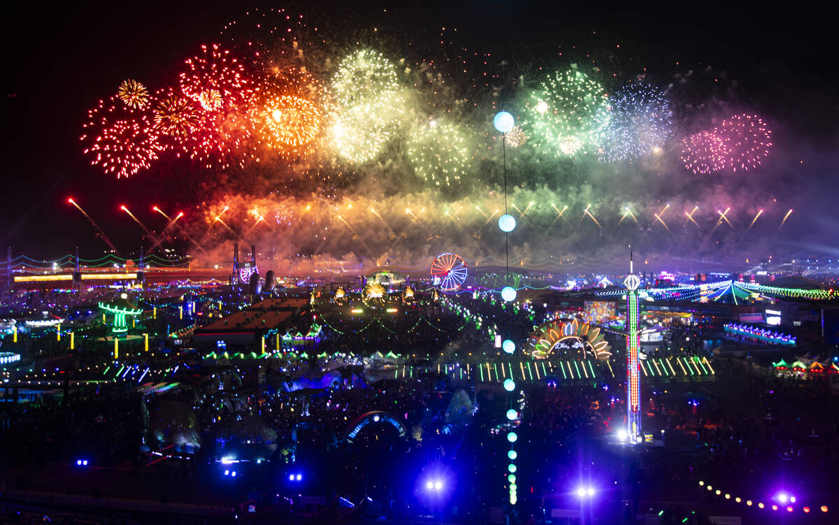 Fireworks go off during the second night of the Electric Daisy Carnival at Las Vegas Motor Spee ...