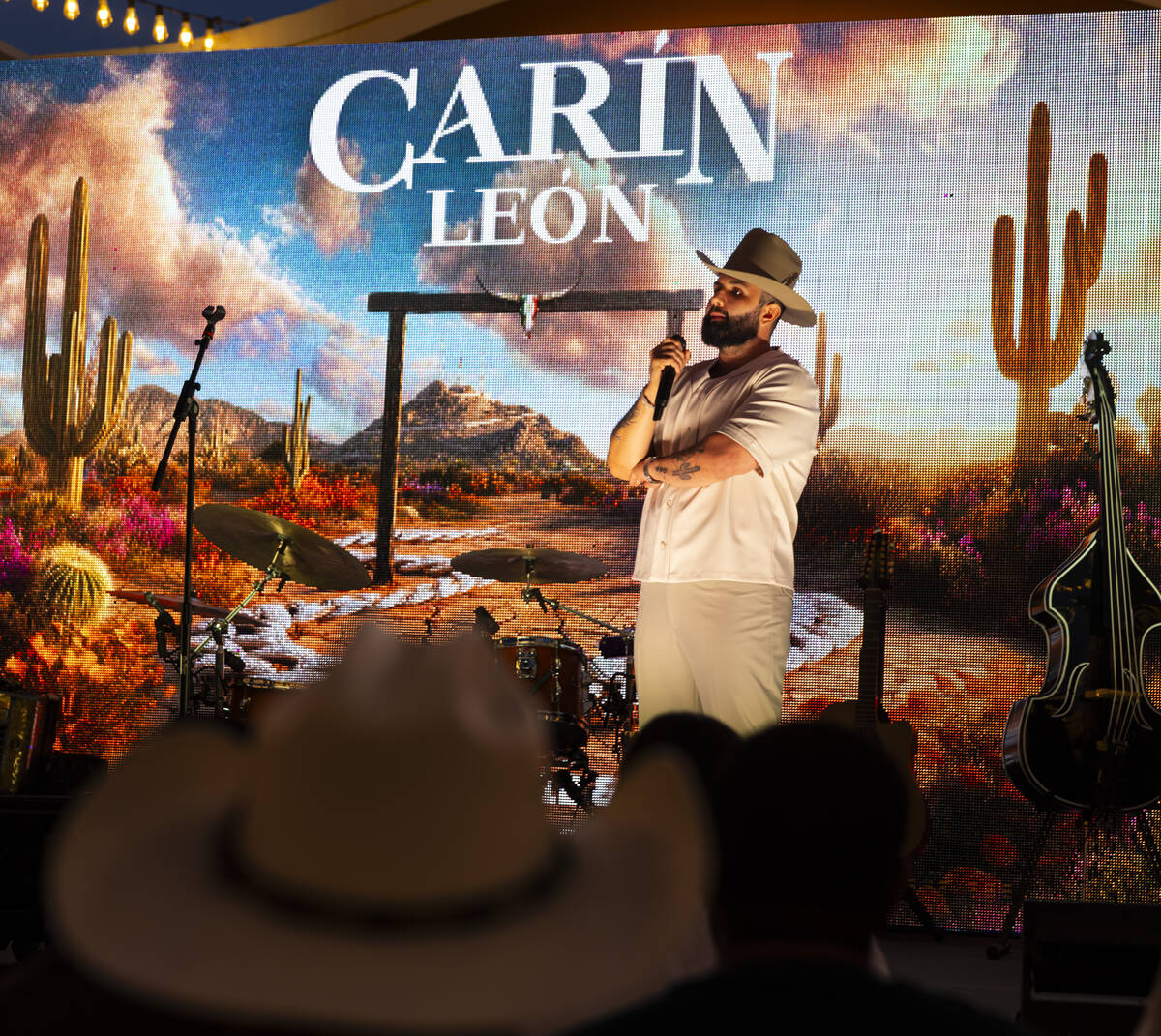 Mexican star Carin León speaks following the announcement for his concert dates at the Sphere, ...