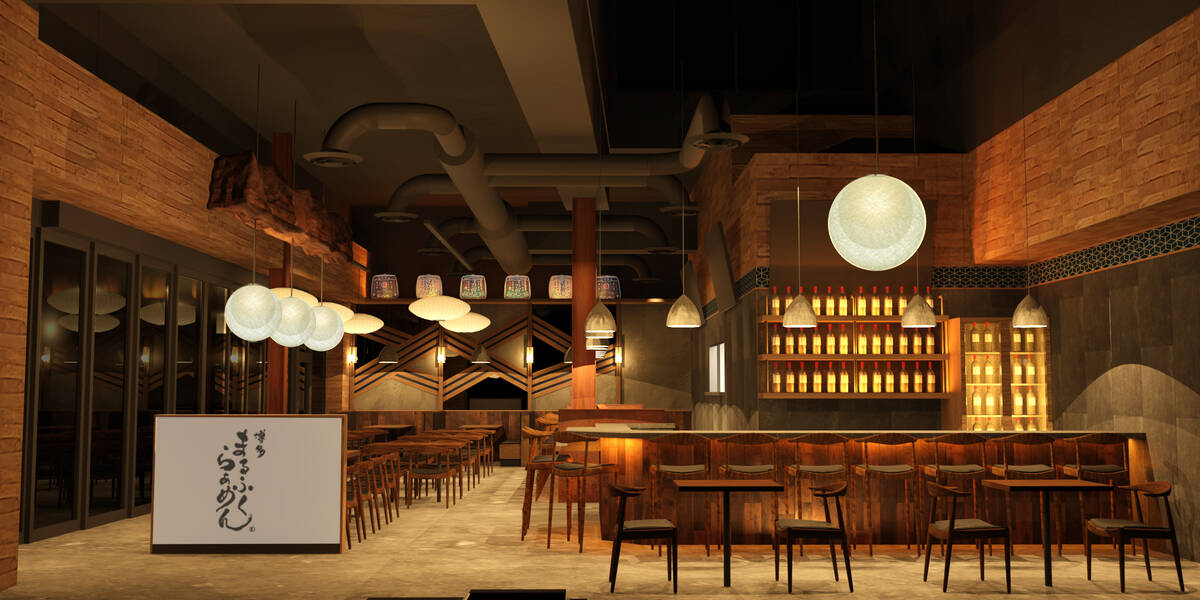 A rendering of the bar and dining room at the Marufuku Ramen planned to open in February 2026 i ...