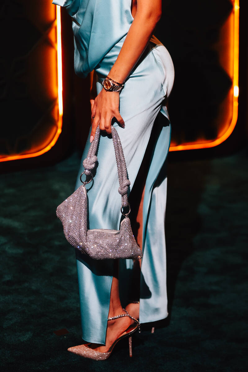 A dress on a red carpet during the opening party at Gymkhana in the Aria Friday, Jan. 16, 2026, ...