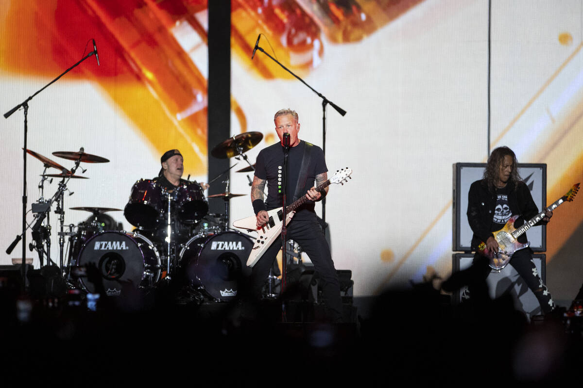 Metallica performs at Allegiant Stadium in Las Vegas, Friday, Feb. 25, 2022. (Las Vegas Review- ...