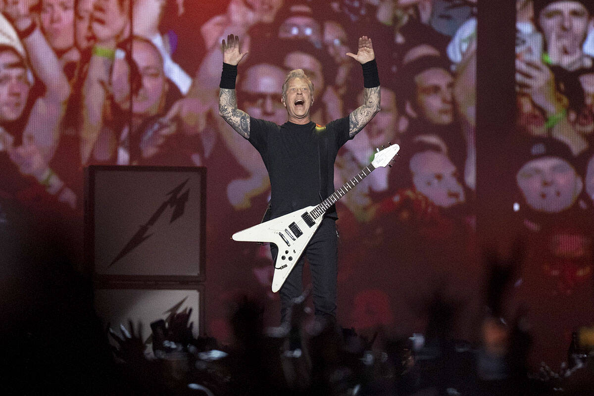James Hetfield of Metallica performs in a music concert at Allegiant Stadium in Las Vegas, Frid ...