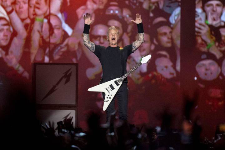 James Hetfield of Metallica performs in a music concert at Allegiant Stadium in Las Vegas, Frid ...