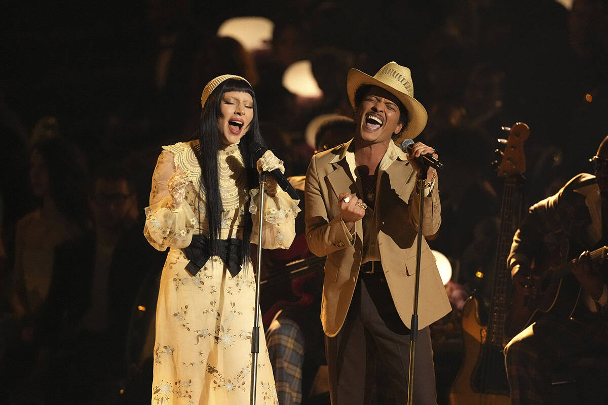 Lady Gaga, left, and Bruno Mars perform "California Dreamin'" during the 67th an ...
