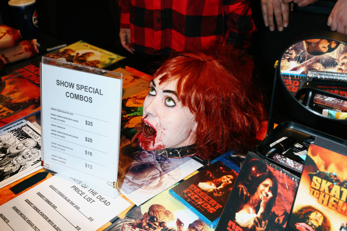 A movie prop from locally-produced film “Skate to Hell” sits on a table promoting ...