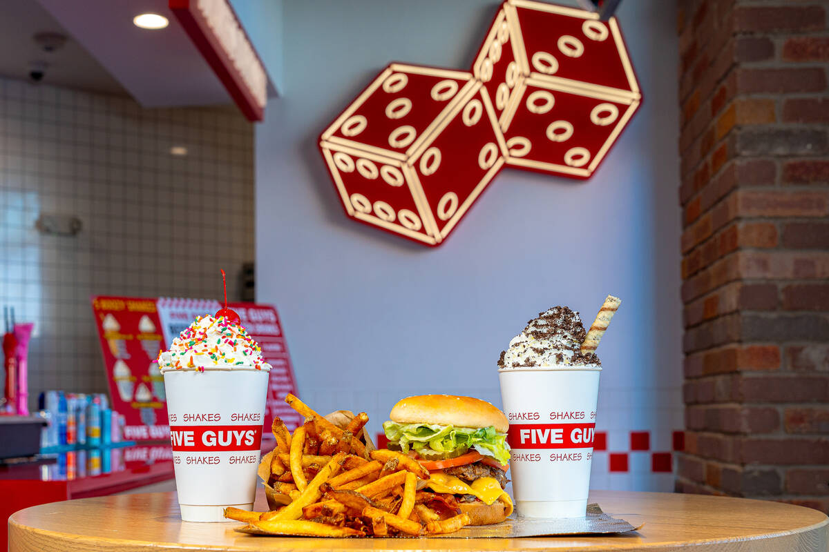 A burger, fries and boozy milkshakes from Five Guys in The Venetian on the Las Vegas Strip. (Fi ...