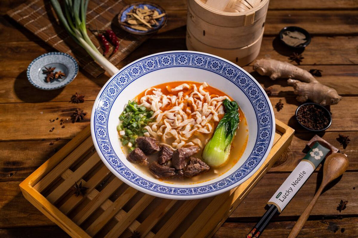 Lucky beef noodle soup with spicy broth from Lucky Noodle, one of four Las Vegas restaurant nam ...