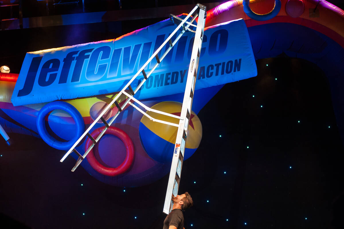 Entertainer Jeff Civillico performs during his one-man show "Jeff Civillico: Comedy in Action" ...