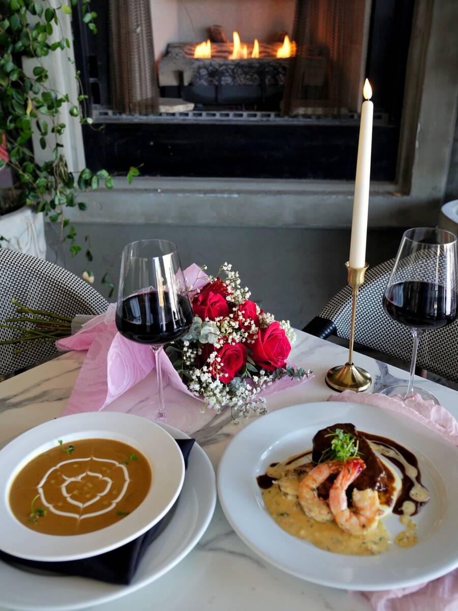 Lobster bisque and surf and turf for Valentine's Day 2026 at Marché Bacchus in Las Vegas. (Mar ...