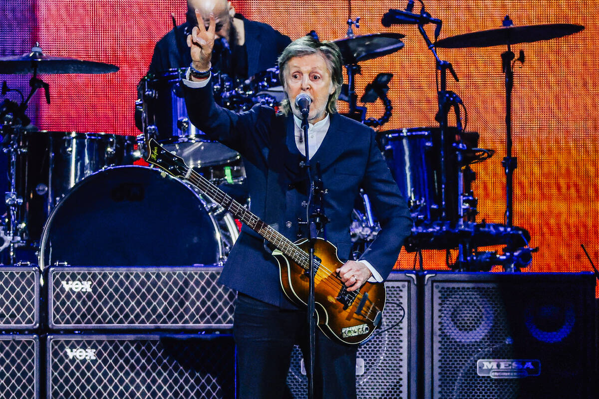 Paul McCartney performs during a stop on his Got Back tour at Allegiant Stadium Saturday, Oct. ...