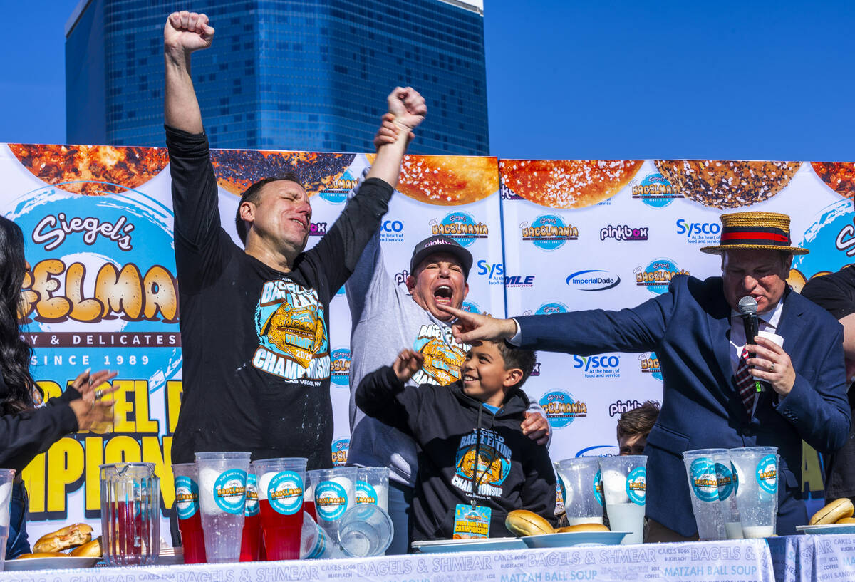 Joey Chestnut, the number-one-ranked competitive eater in the world, is announced the winner by ...