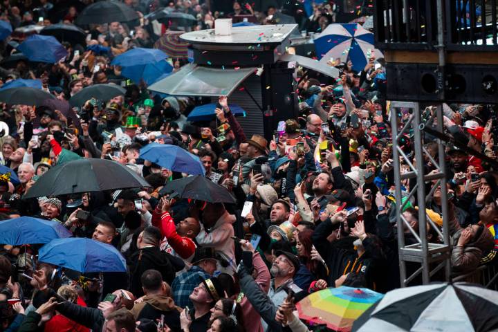 Revelers celebrate the new year at the Fremont Street Experience on Thursday, Jan. 1, 2026, in ...