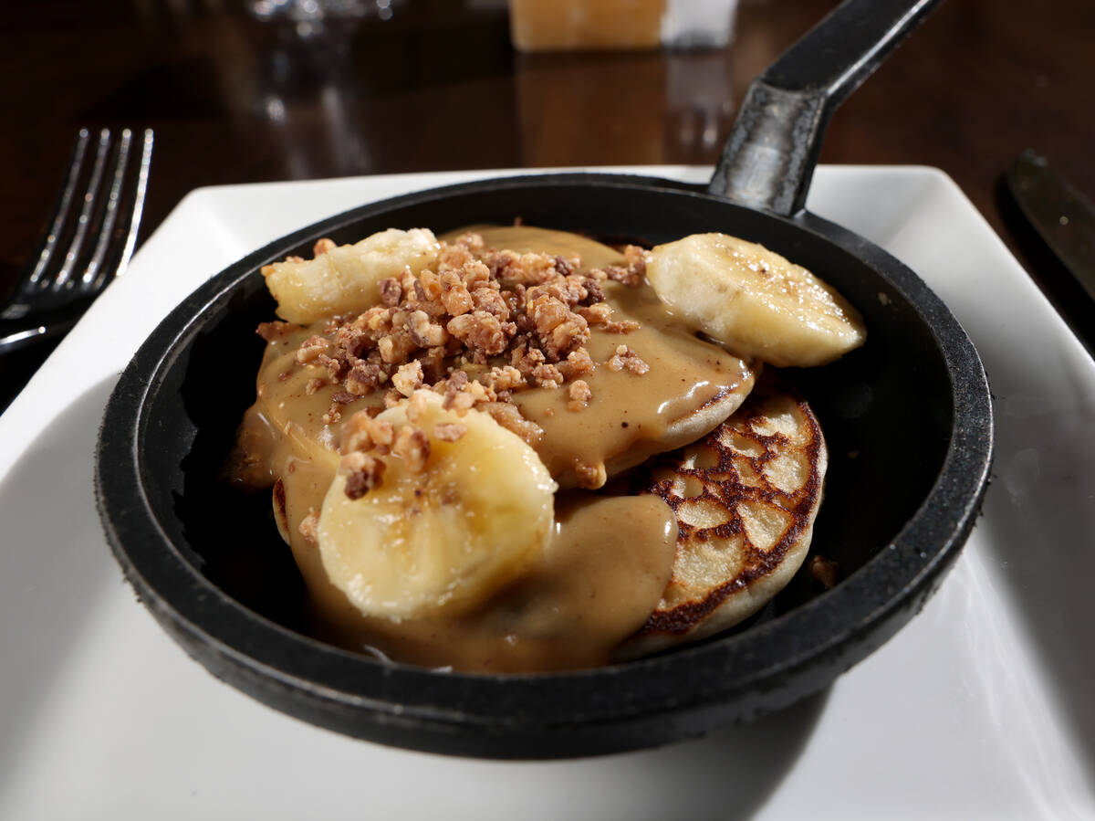 Snickers bananas Foster pancakes from the all-you-can-eat weekend brunch at La Cave Wine & Food ...