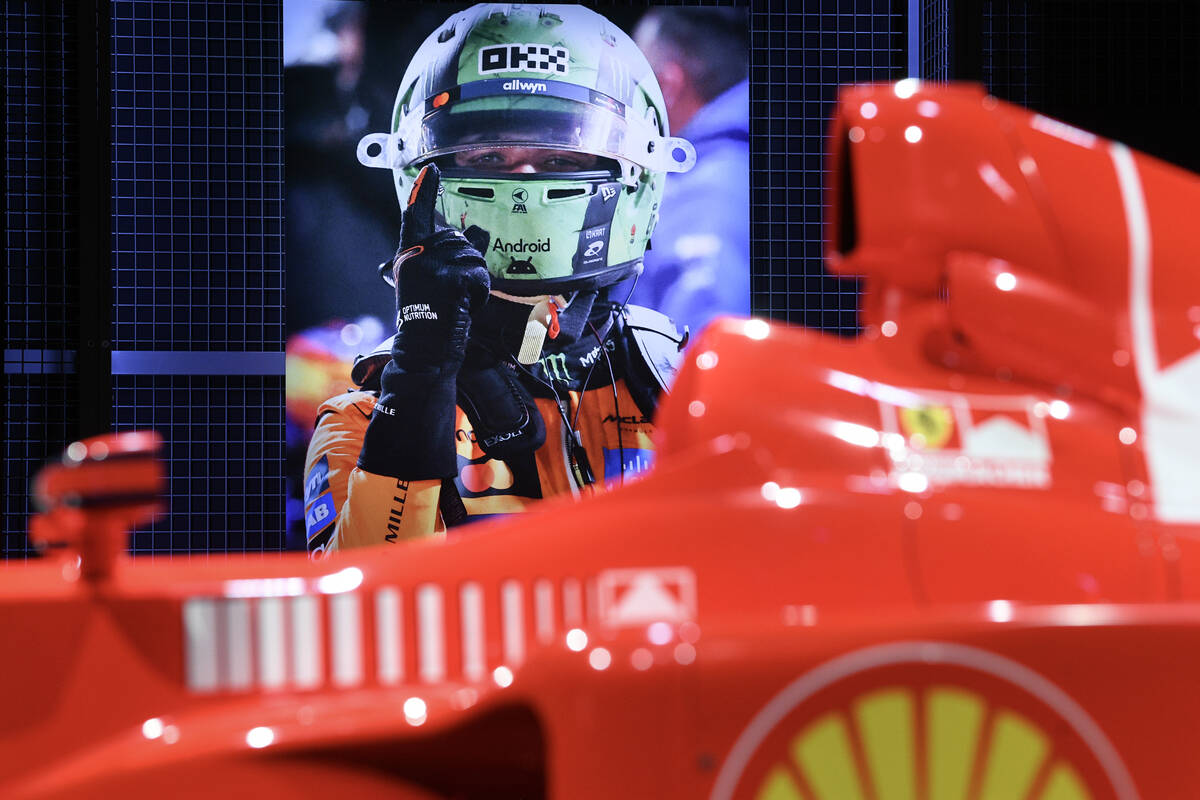 A photo of 2025 Formula 1 champion Lando Norris is seen during the reopening of Grand Prix Plaz ...