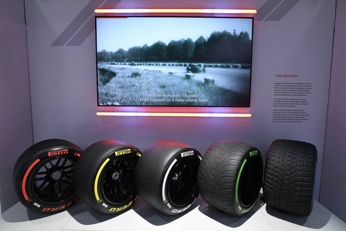 The five types of tires available for an F1 driver are seen on display during the reopening of ...