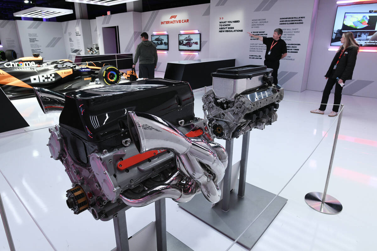 Engines are displayed during the reopening of Grand Prix Plaza Friday, January 30, 2026, in Las ...