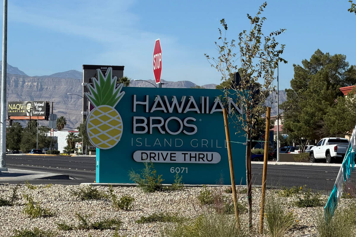 The sign at Hawaiian Bros Island Grill in North Las Vegas. The franchisee is planning to open m ...