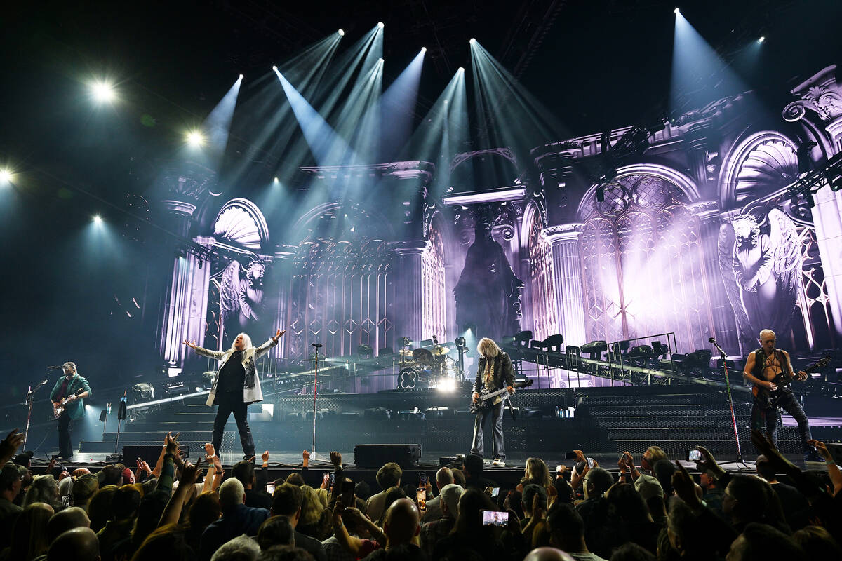 LAS VEGAS, NEVADA - FEBRUARY 03: Guitarist Vivian Campbell, singer Joe Elliott, drummer Rick Al ...