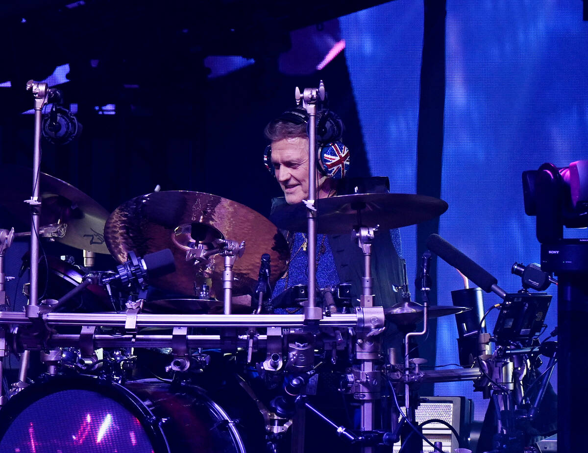 LAS VEGAS, NEVADA - FEBRUARY 03: Drummer Rick Allen of Def Leppard performs at The Colosseum at ...