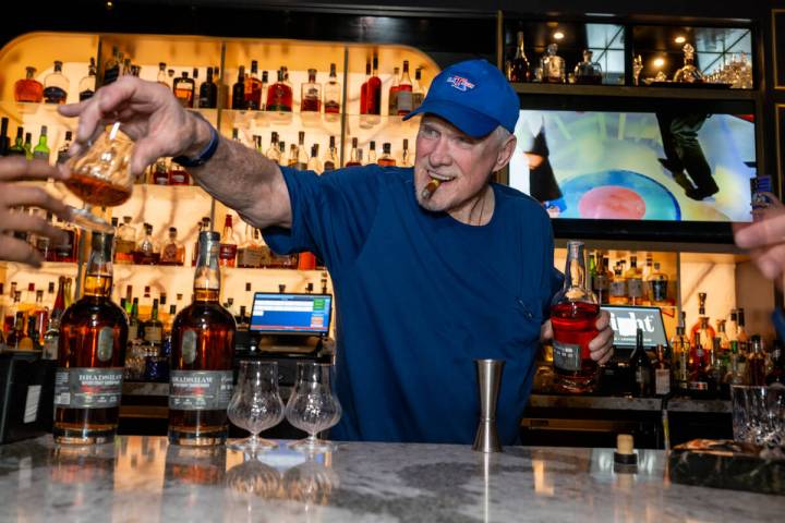 Four-time Super Bowl champ and veteran broadcaster Terry Bradshaw pours of Bradshaw Bourbon dur ...
