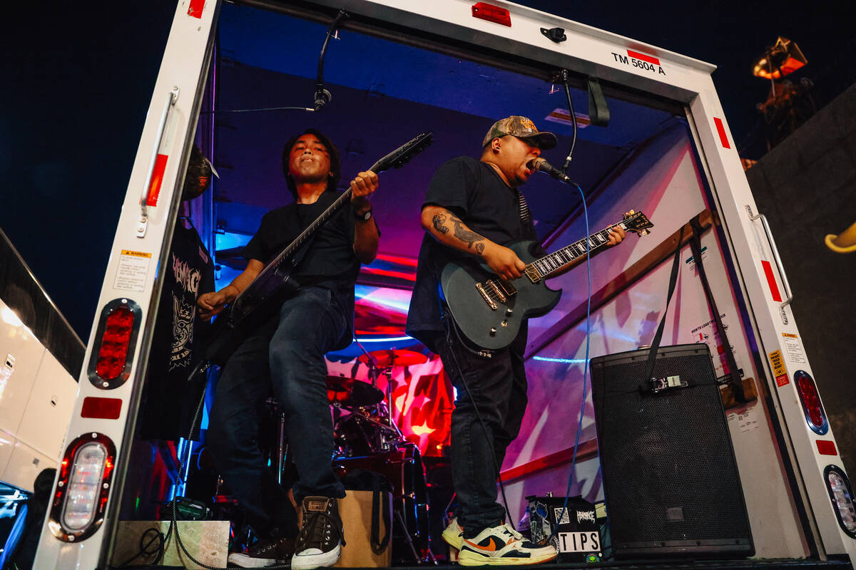 Hemorage, a punk band, performs during a pop-up event promoting new film “Good Luck, Don ...