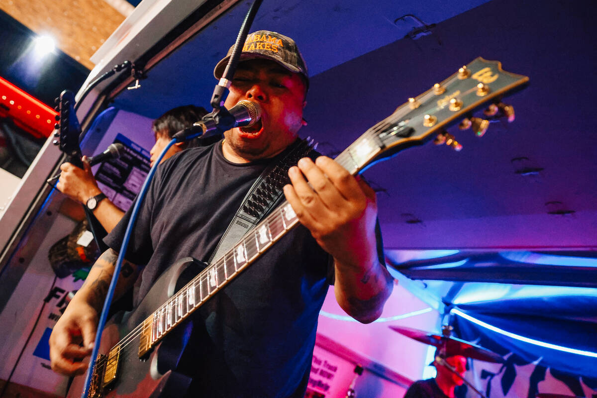 Hemorage, a punk band, performs during a pop-up event promoting new film “Good Luck, Don ...