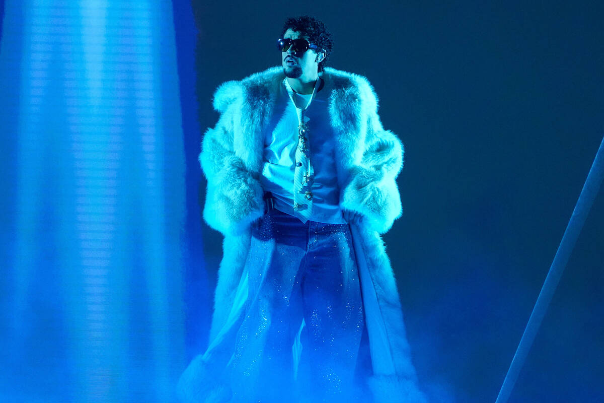 FILE - Bad Bunny performs during the iHeartRadio Music Awards in Los Angeles on March 17, 2025. ...