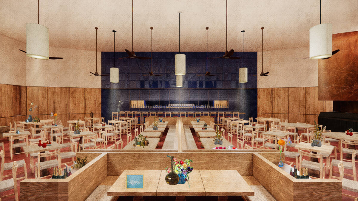 A rendering of the salon and bar of Cantina Contramar, set to open in late March 2026 at the Fo ...