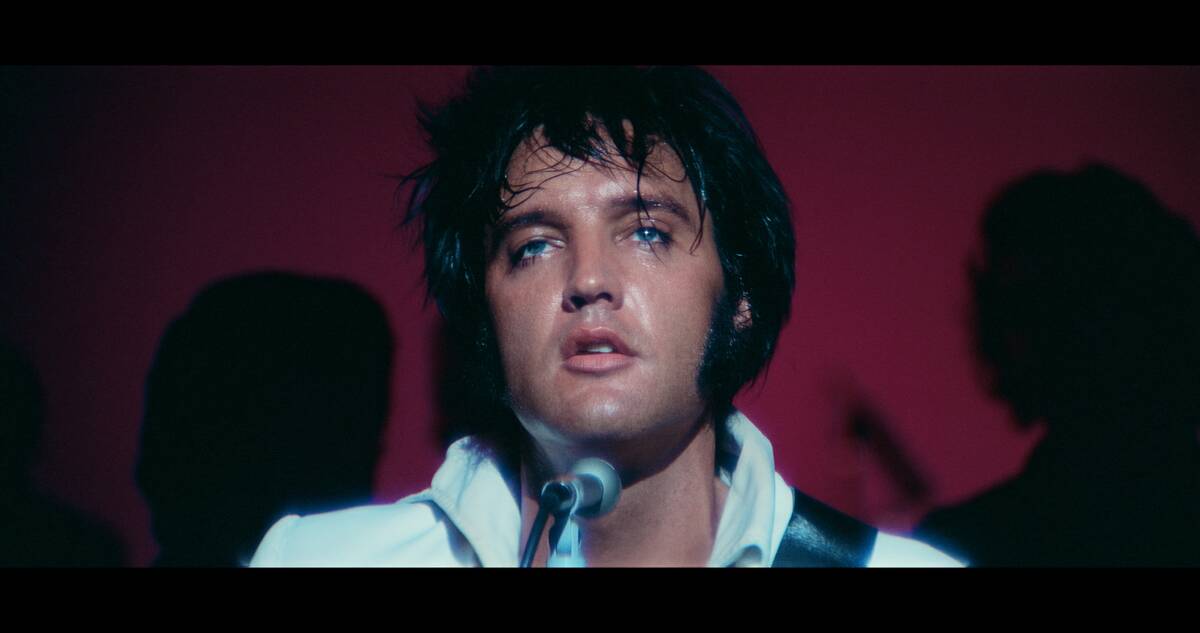 Elvis Presley is shown at the Las Vegas Hilton in a screen shot of "EPiC: Elvis Presley In Conc ...