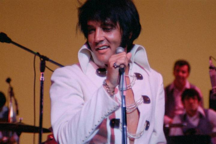 Elvis Presley is shown at the Las Vegas Hilton in a screen shot of "EPiC: Elvis Presley In Conc ...