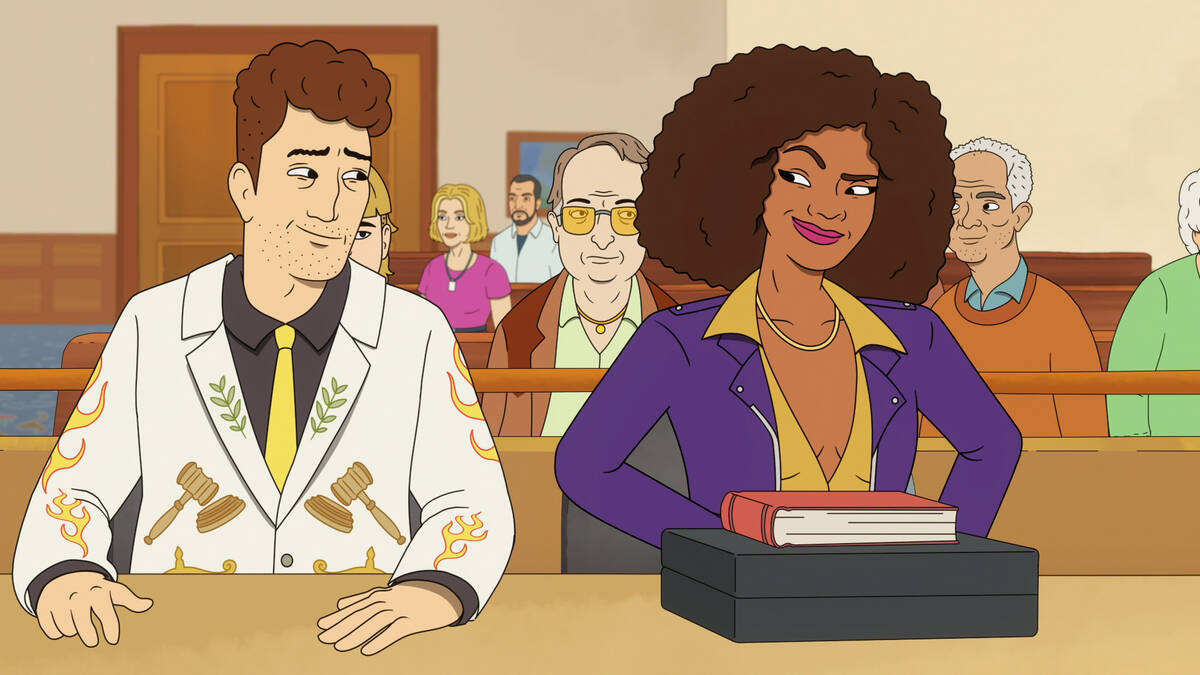 Adam Scott as Lincoln Gumb and Janelle James as Sheila Flambe in "Strip Law." (Netflix)