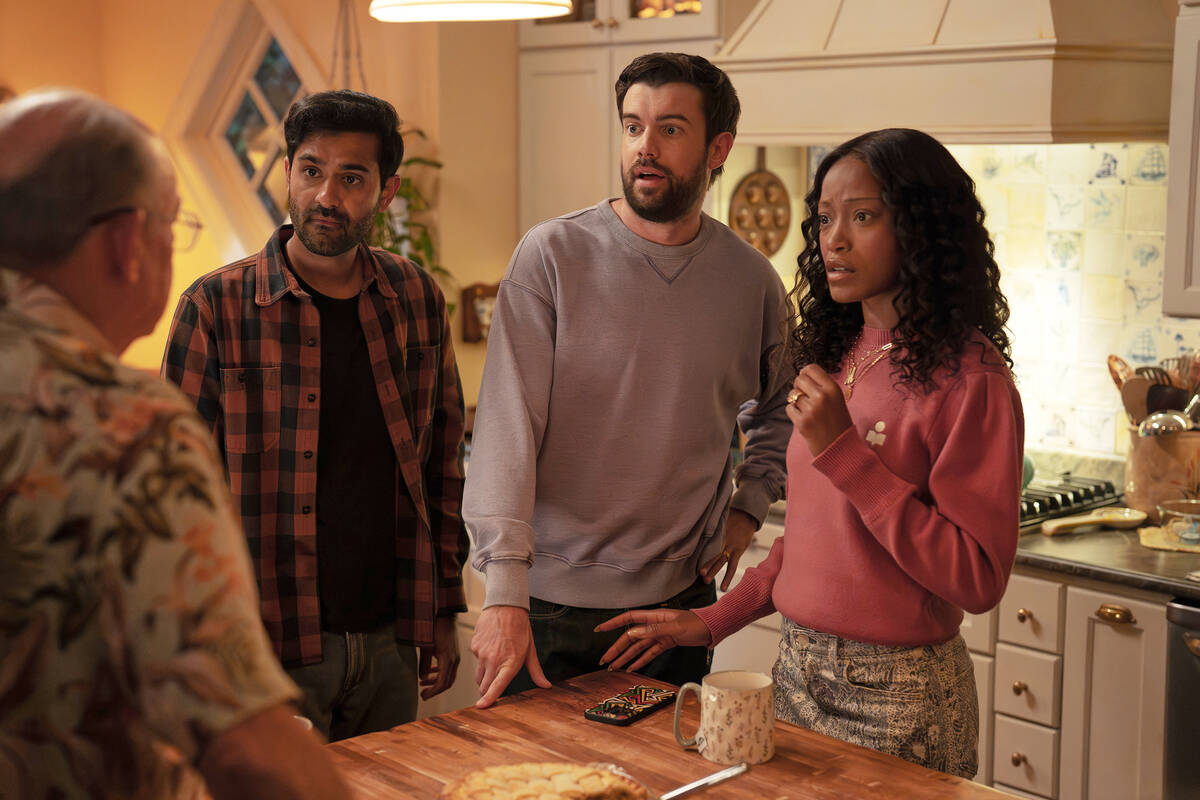 This image released by Peacock shows Kapil Talwakar, background from left, Jack Whitehall and K ...